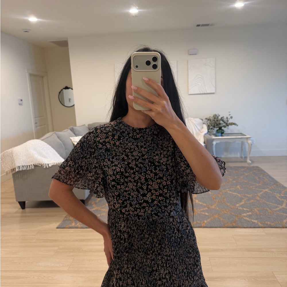 Topshop Black Floral Midi Dress with Flutter Sleeves and Smocked Waist